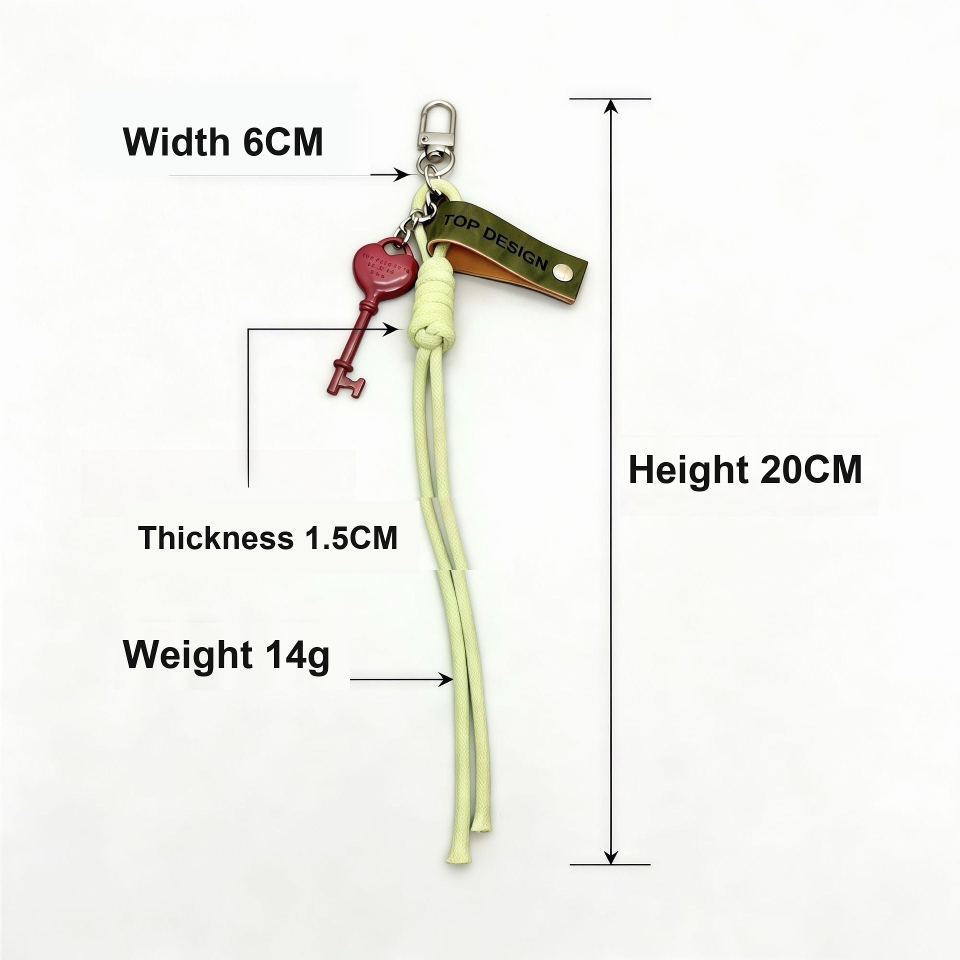 Heart key charm keychain with 20cm length markings