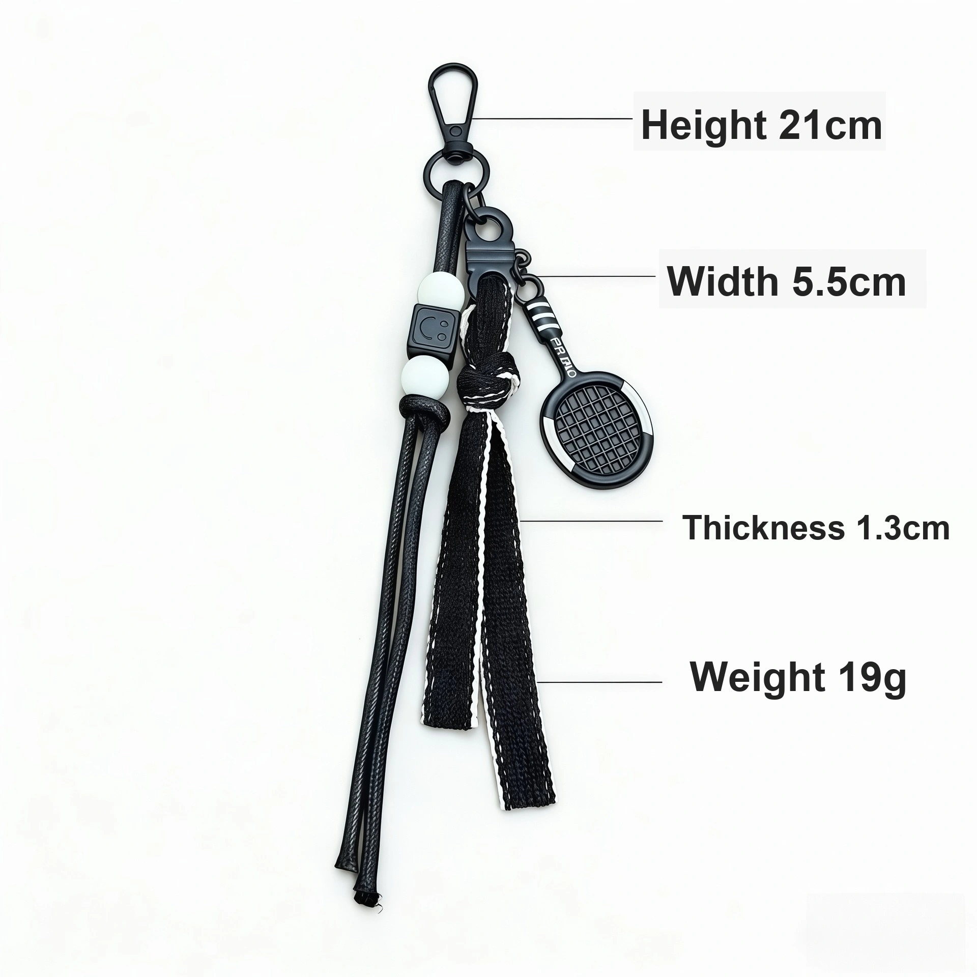 Tennis racket charm with 21cm height markings