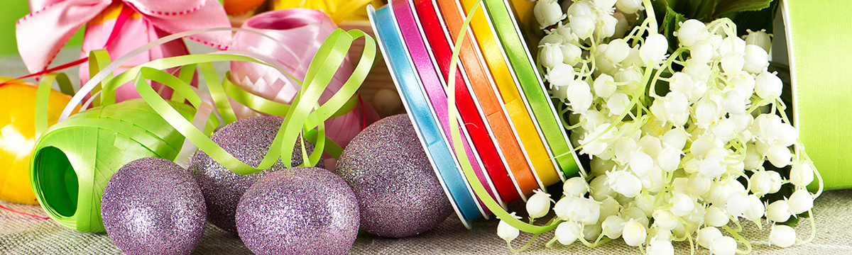 Pastel ribbons and egg ornaments for Easter