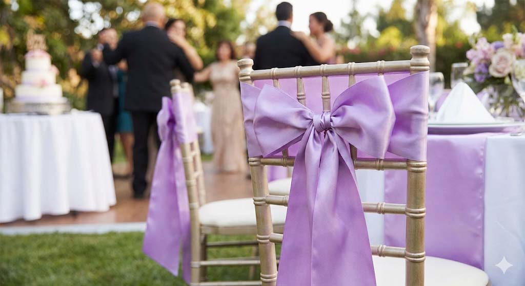 Elegant chair styling for Quinceañeras using our satin ribbon.