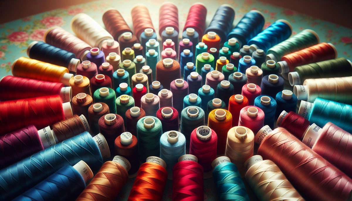 An illustration of various types of sewing threads including cotton and polyester thread.