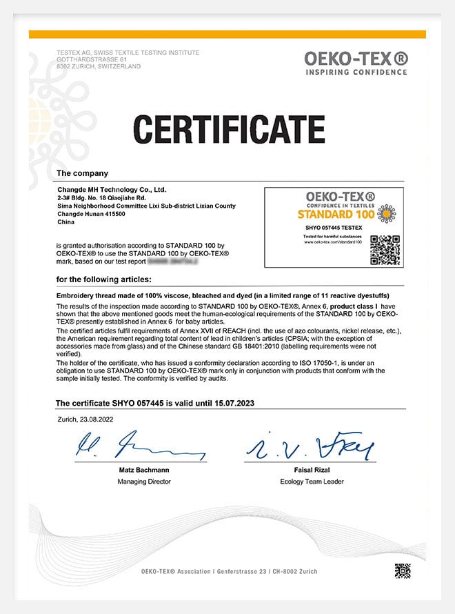 Certificat de fils à broder OEKO-TEX 100