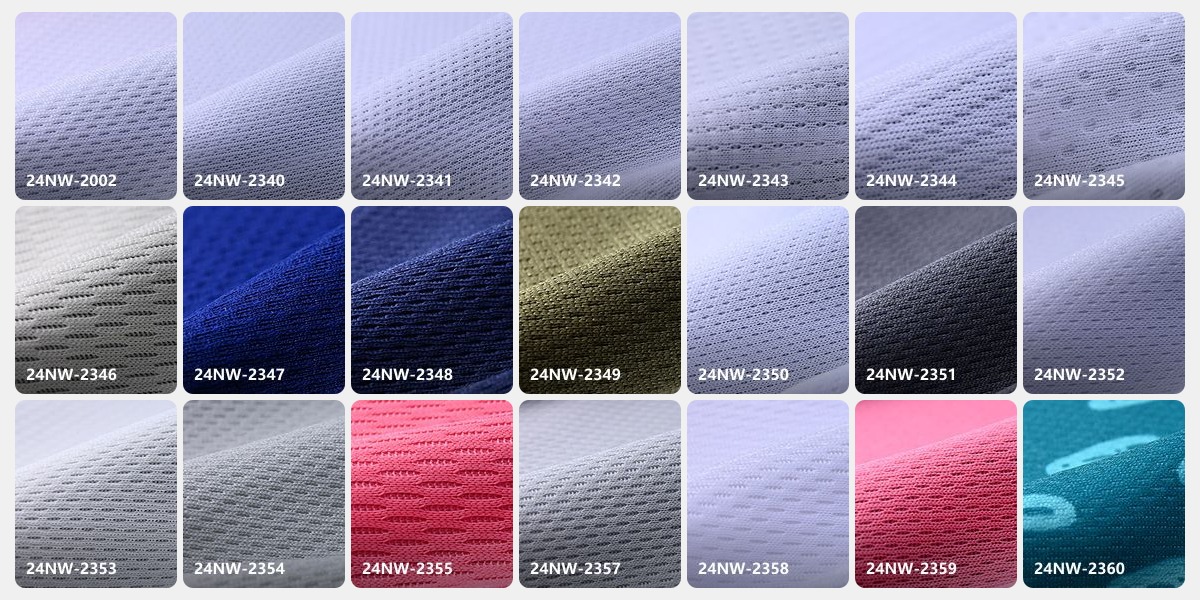 Birdseye mesh fabric swatch card with real polyester fabric samples in multiple dyed-to-order colors