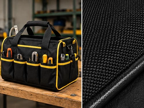 Kain Oxford 1680D tugas berat untuk tas perkakas dan tas luar ruangan dengan detail tekstur tenun tahan abrasi.