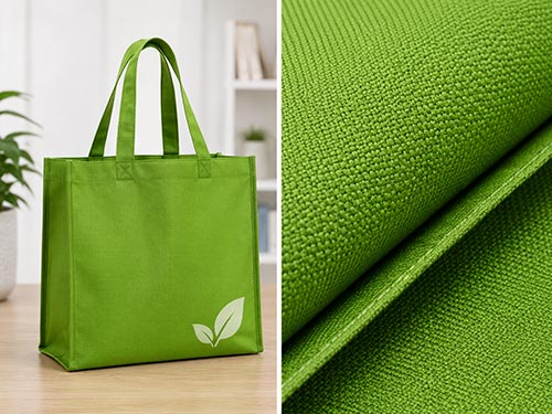 Green 210D Oxford fabric for reusable shopping tote bags with lightweight woven texture and seam detail