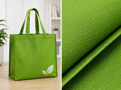 Kain Oxford 210D hijau untuk tas belanja jinjing yang dapat digunakan kembali dengan tekstur tenun ringan dan detail jahitan.