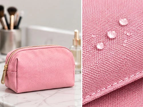 Kain Oxford 300D warna pink untuk tas kosmetik dan kantong kecil dengan detail permukaan berlapis tahan air.
