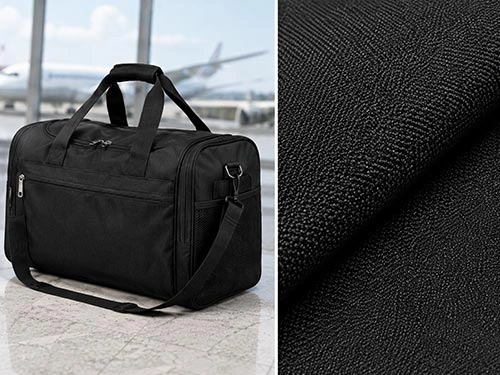 Kain Oxford 600D hitam untuk tas duffel perjalanan dengan tekstur tenun yang tahan lama dan detail kain berlapis.