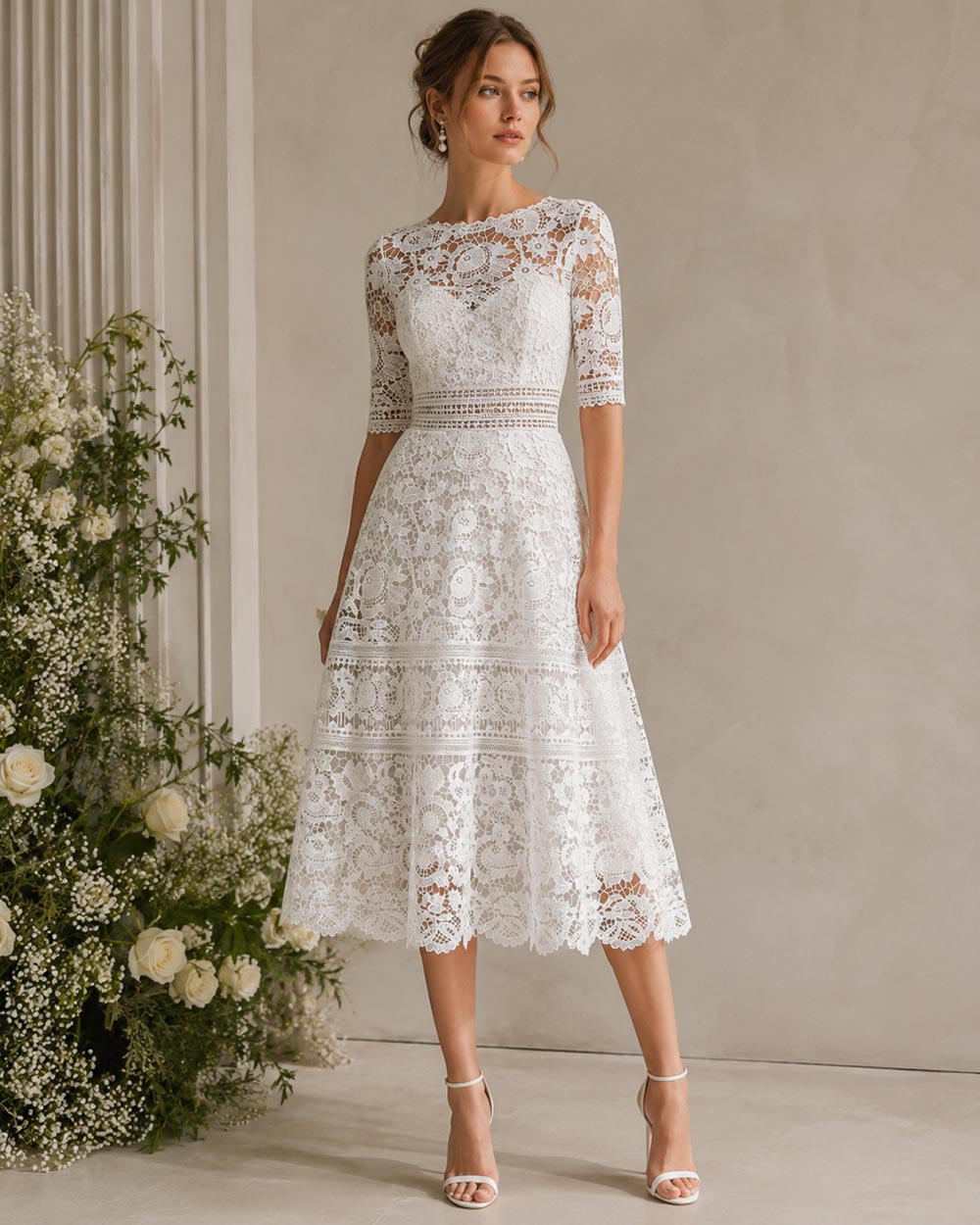 đầm midi ren guipure Venice nặng