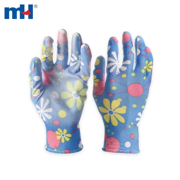 19NU-0049-Floral Working Gloves with PU Coated Palms