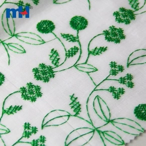 M009259-Tessuto in cotone con foglie di fiori ricamate