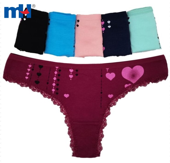 22NU-0033-Cotton Thongs Low Rise Bikini with Lace Trims
