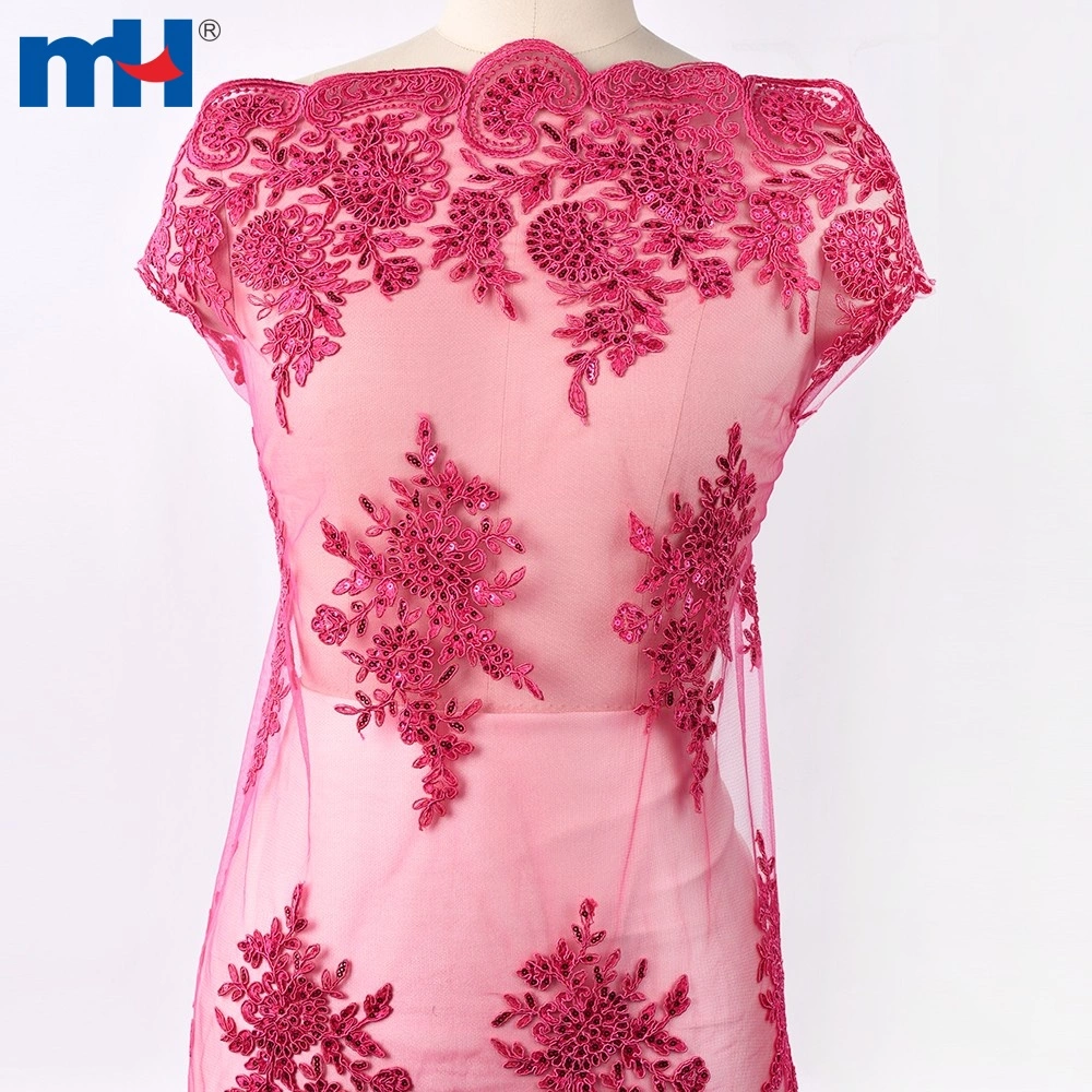 Fushia Floral Bridal Sequins Corded Embroidered Lace Fabric