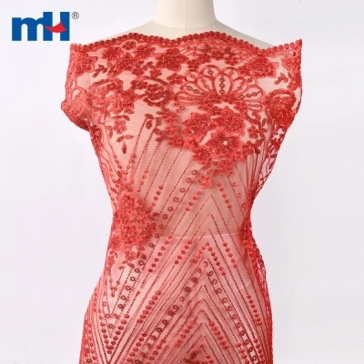 Red Floral Bridal Lace Fabric