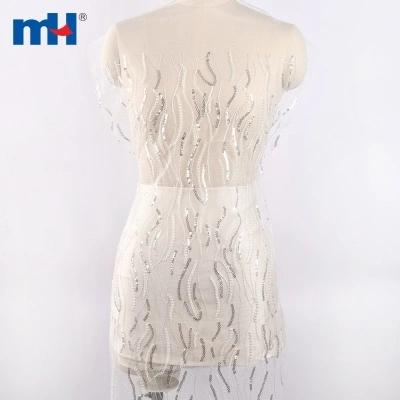 White Embroidered Sequins Tulle Fabric