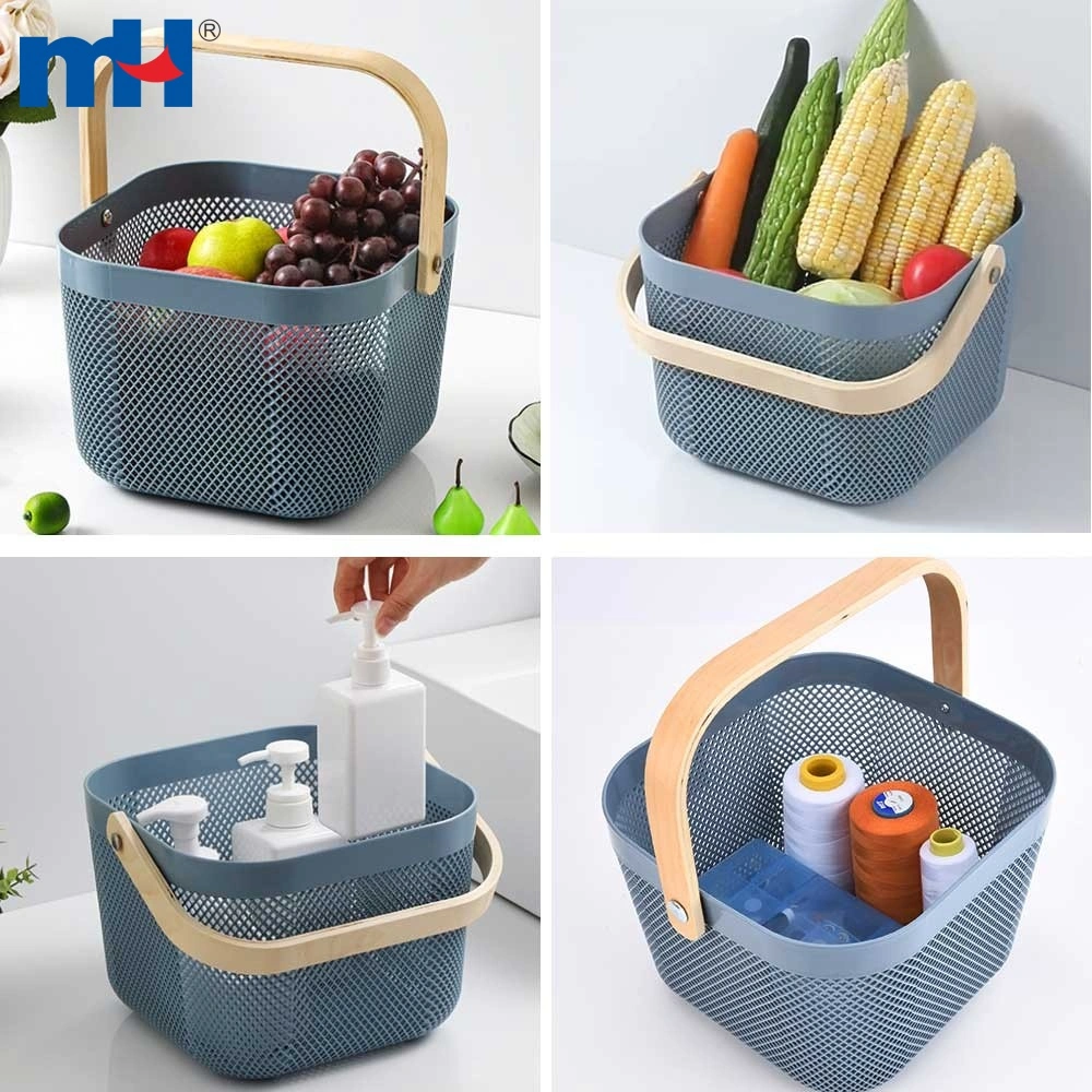 Multifunctional Plastic Storage Organizer Basket with Wooden Handle