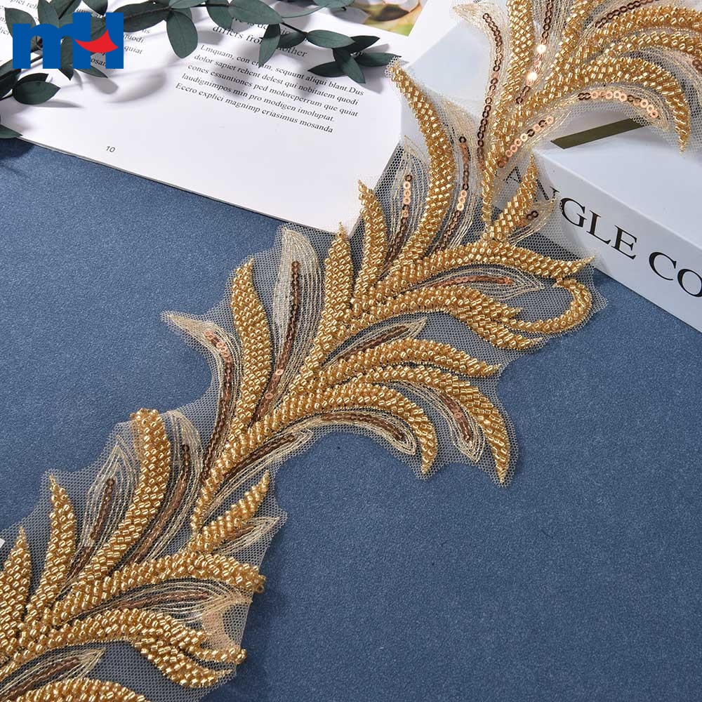 13cm Embroidery Tulle Gold Beaded Border Lace Ribbon - MH Lace