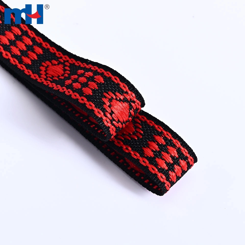 Tampilan dekat tekstur pita jacquard tenun tradisional 13mm