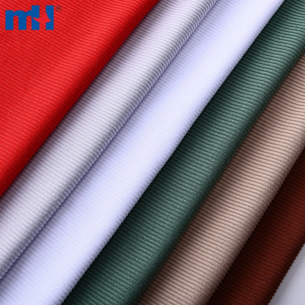 Tejido de punto acanalado 2x2, poliéster y elastano, 180 g/m², cepillado por ambos lados.