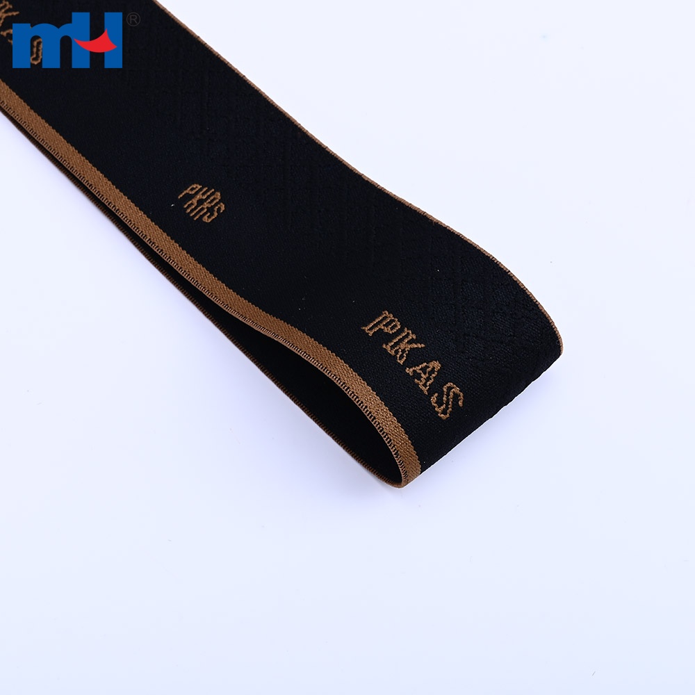 Schwarzes Jacquard-Logo, gewebtes Gummiband, Lurex-Nadelstreifen-Detail