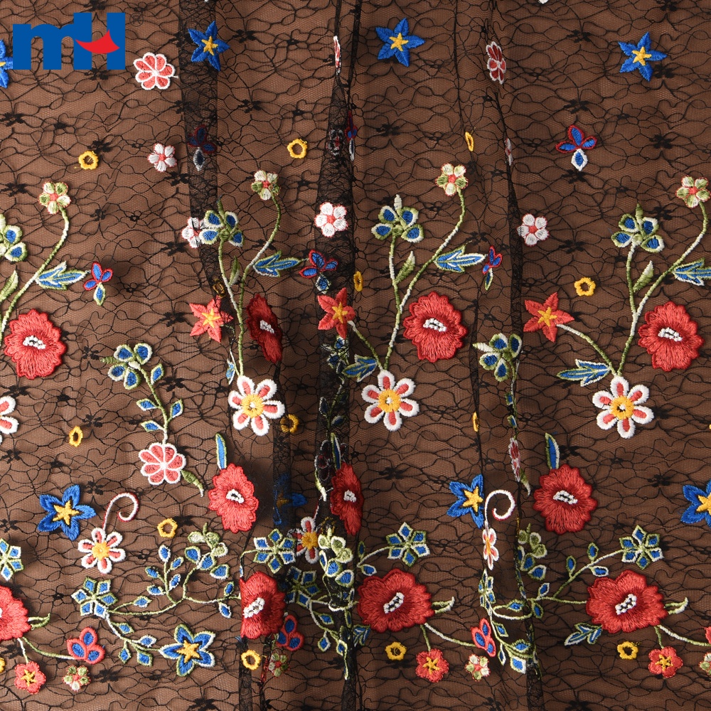 Download Multi-color Floral Embroidered Mesh Lace Fabric