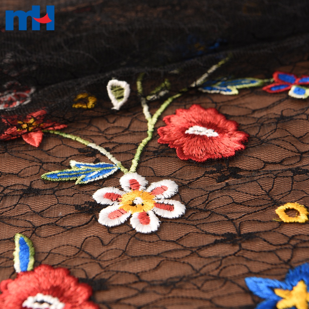 Multi-color Floral Embroidered Mesh Lace Fabric