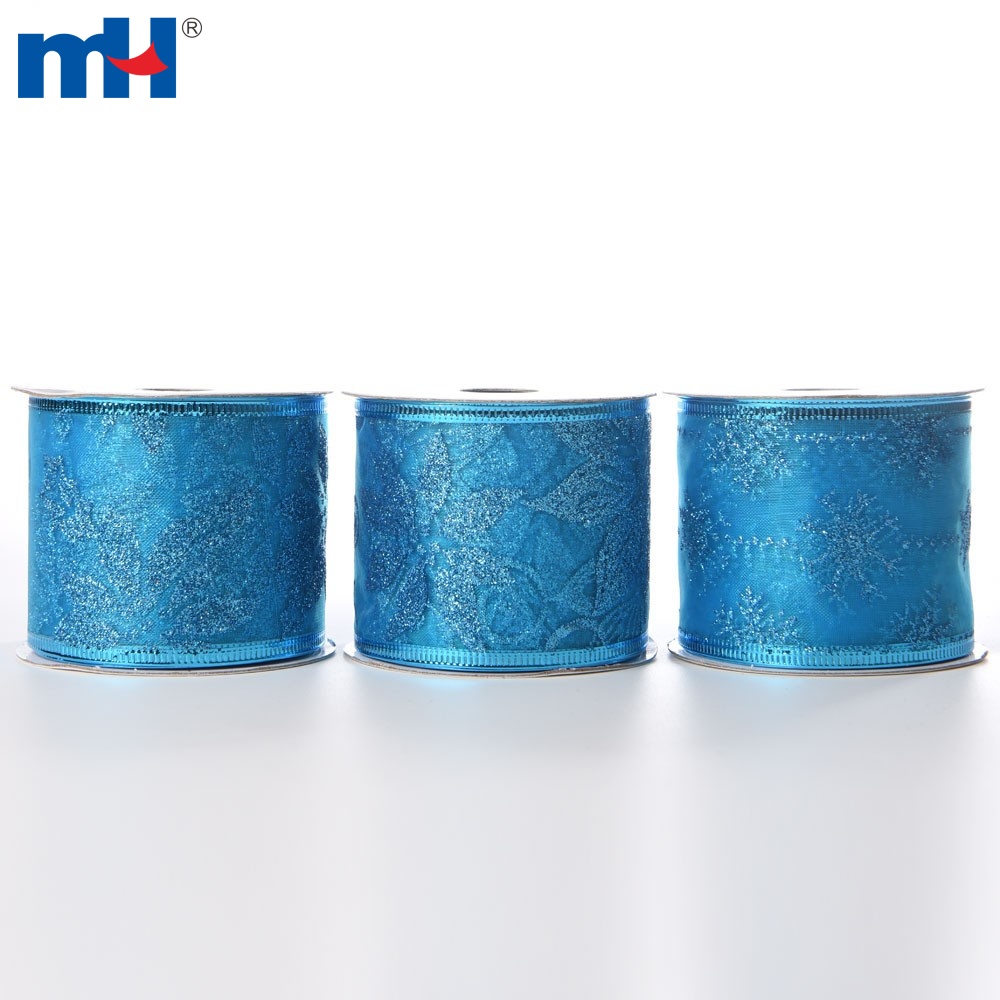 Metallic Blue Silver Glitter Wired Edge Organza Merry