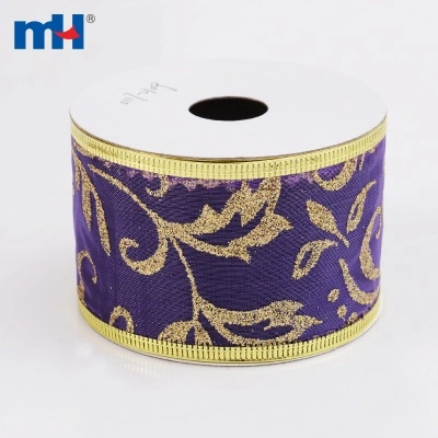 Golden Wired Glitter Sheer Ribbon - Purple