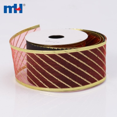 Diagonal Striped Wired Christmas Ribbon