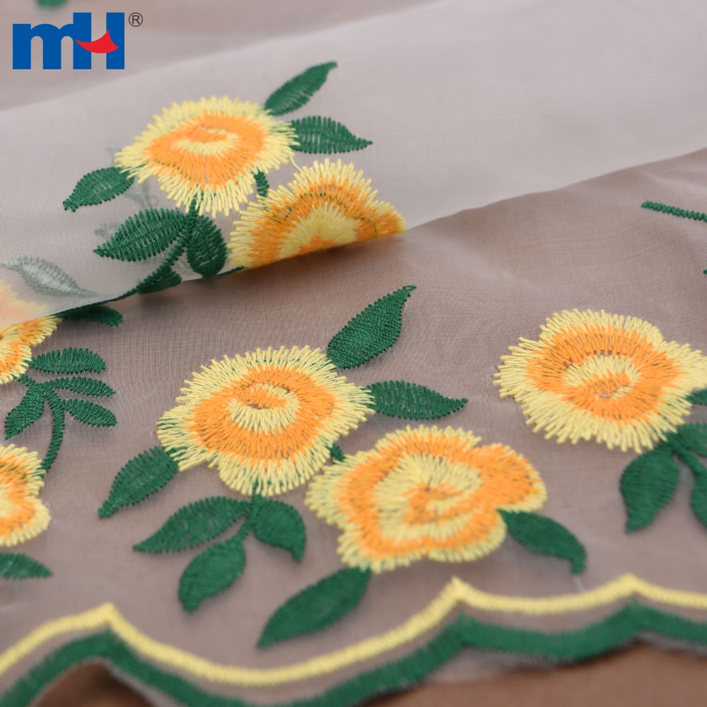 Embroidery yellow floral organza silk fabric