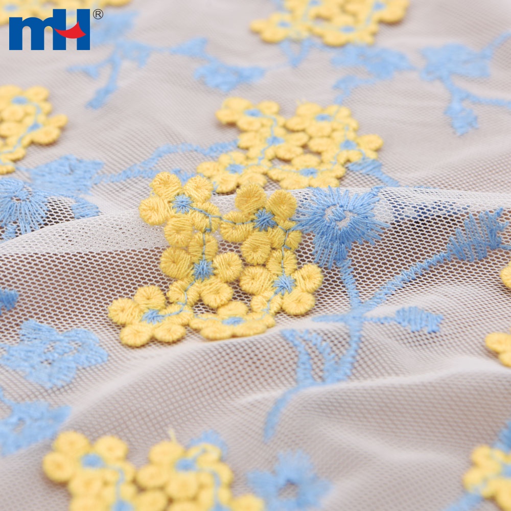 Yellow Flower with White Mesh Embroidered Lace Fabric