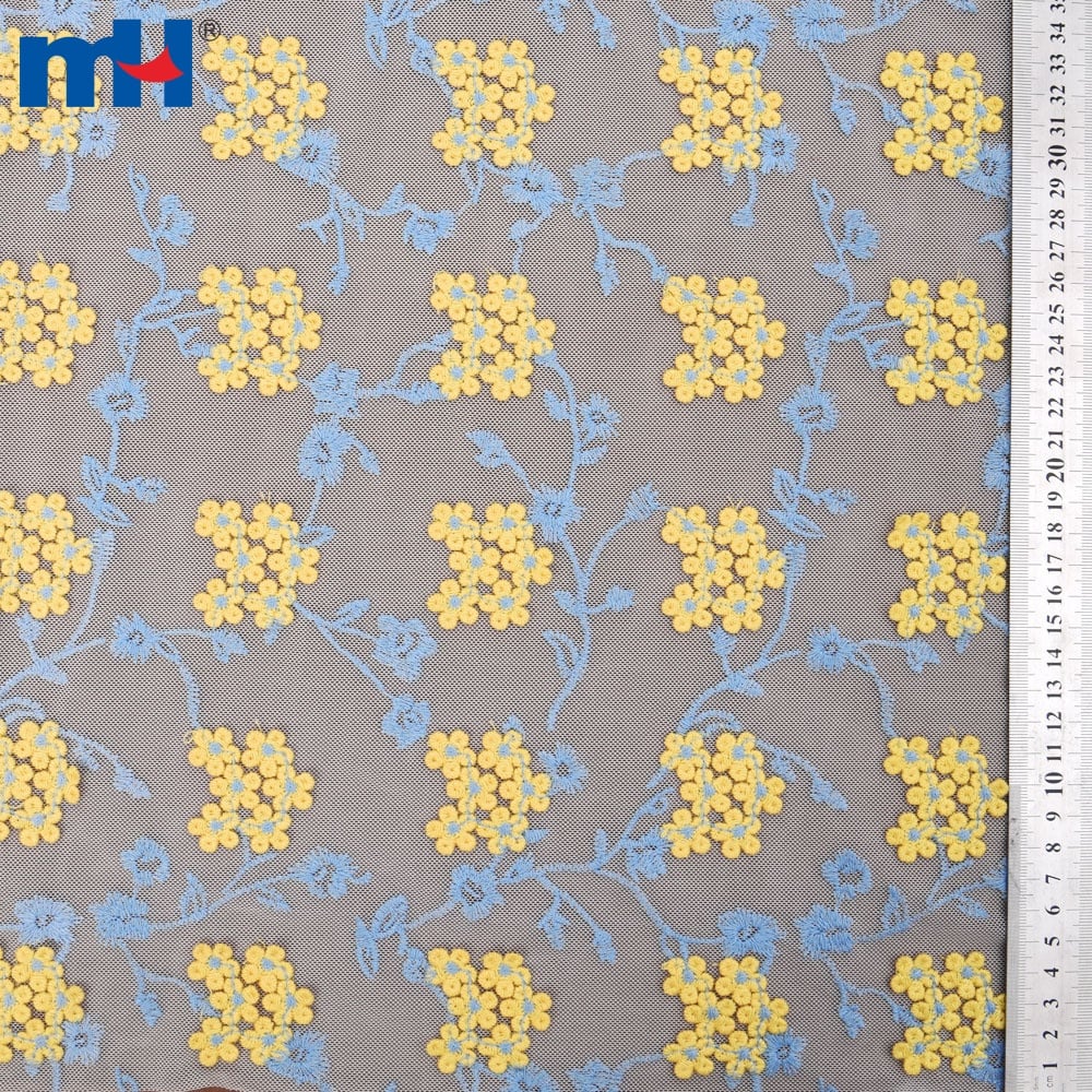 Yellow Flower with White Mesh Embroidered Lace Fabric