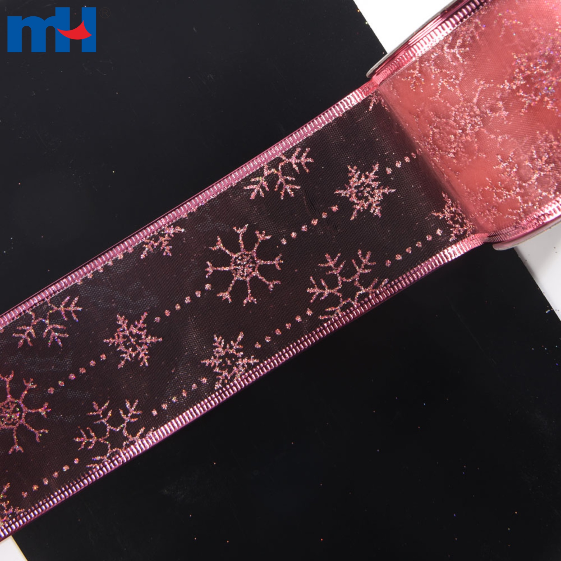 Gold Foil Print Organza Christmas Ornamental Ribbon