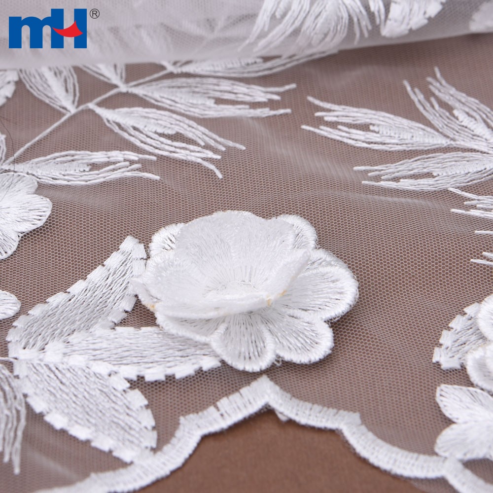 White 3D Flower Embroidered Mesh Lace Fabric