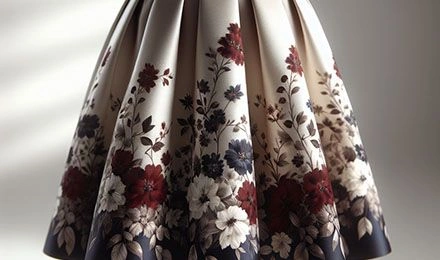 Claret Navy Blue & White Floral Taffeta: Printed Faille Skirt Fabric